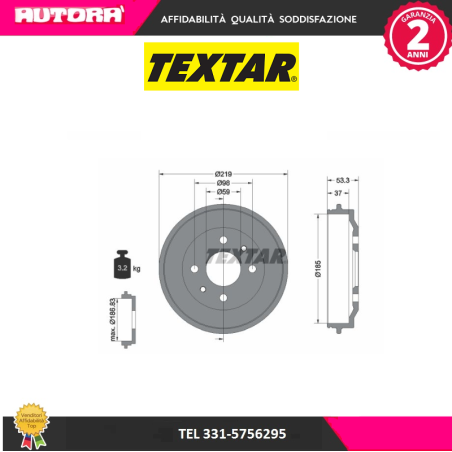 94006400 Coppia tamburo freno Fiat Uno-Panda-Cinquecento (MARCA-TEXTAR)..